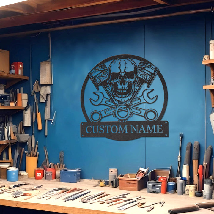 Custom Mechanic Skull Metal Wall Art With LED Light, Personalized Mechanic Name Sign Room Decor Garage Sign, Gift For Motorcycler, Workshop