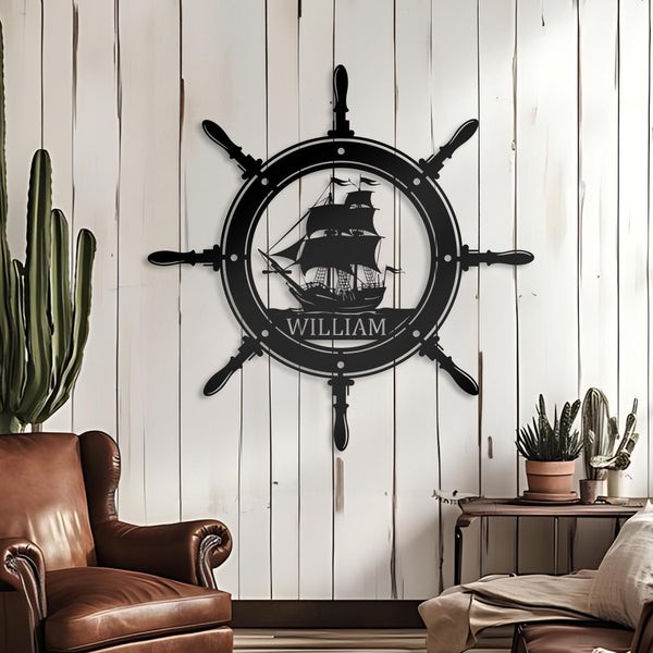 Custom Pirate Ship Captain Wheel Metal Wall Art With LED Light, Personalized Pirate Ship Name Sign Decoration, Pirate Ship Metal LED Decor