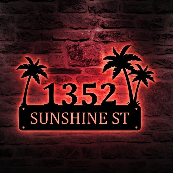 Personalized Palm Trees Metal House Number Sign With Led, Custom Address Sign, Modern House Number, Beach House Address Sign, Coastal Decor