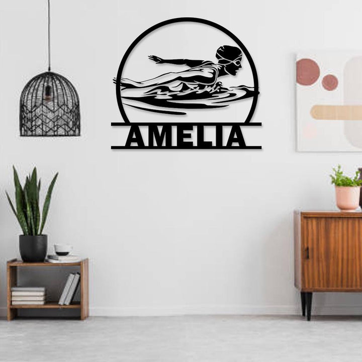 Custom Women Swimmer Metal Wall Art LED Light Personalized Swimming Butterfly Stroke Swim Team Name Sign Home Decor Christmas Sport Gift