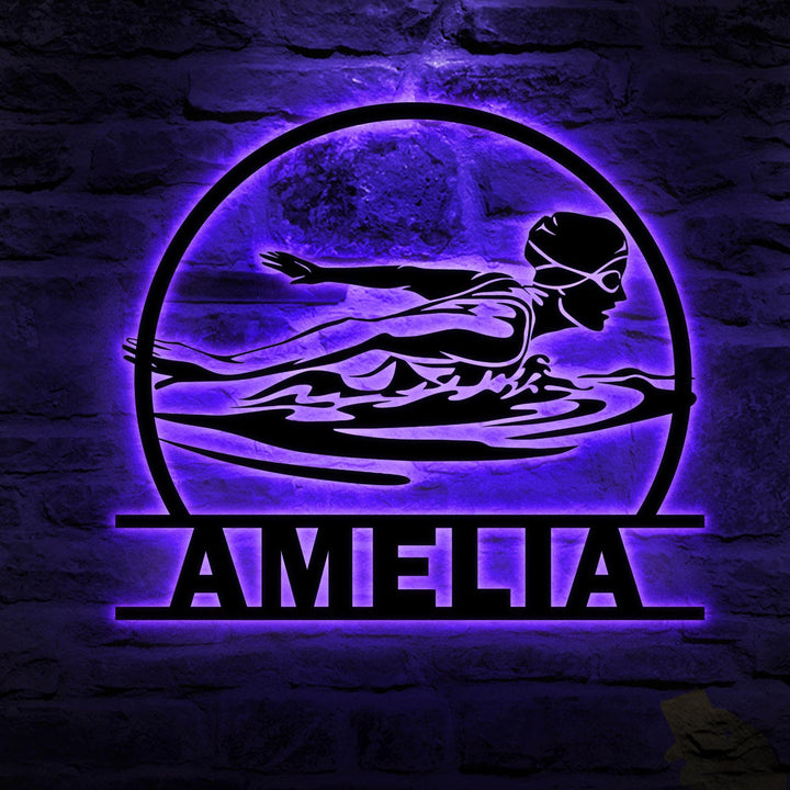 Custom Women Swimmer Metal Wall Art LED Light Personalized Swimming Butterfly Stroke Swim Team Name Sign Home Decor Christmas Sport Gift