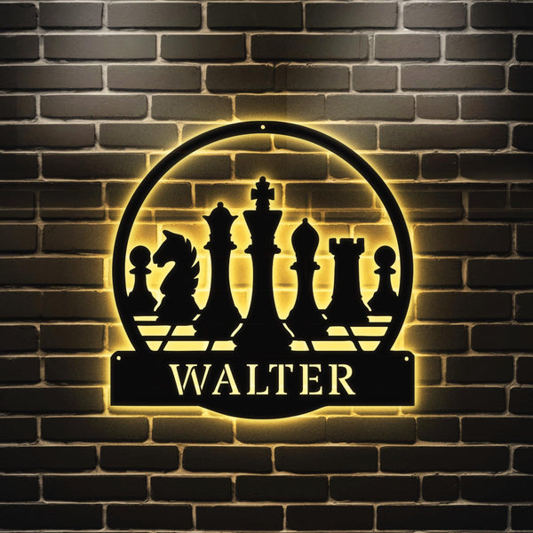 Custom Chess Metal Wall Art LED Light, Personalized Chess Player Name Sign, Home Decor Game Zone Man Cave, Kid Nursery Decoration Christmas