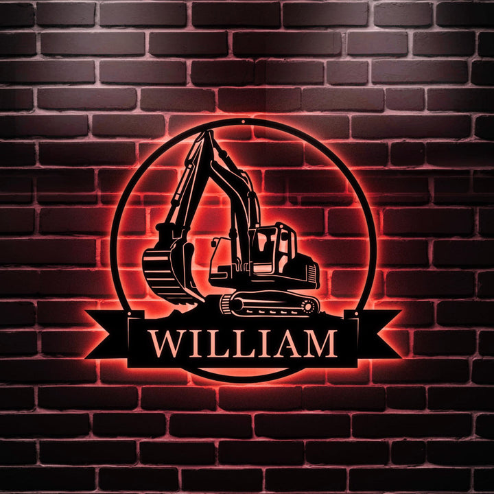 Custom Excavator Driver Metal Wall Art LED Light Personalized Excavator Name Sign Home Decor Construction Decoration Birthday Xmas Dad Gift
