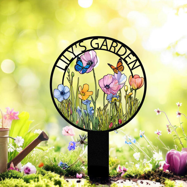 Personalized Garden Metal Sign With Stakes, Custom Garden Name Sign, Garden Flower Sign, Metal Yard Art, Housewarming Gift, Outdoor Decor