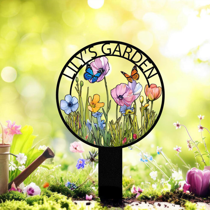 Personalized Garden Metal Sign With Stakes, Custom Garden Name Sign, Garden Flower Sign, Metal Yard Art, Housewarming Gift, Outdoor Decor