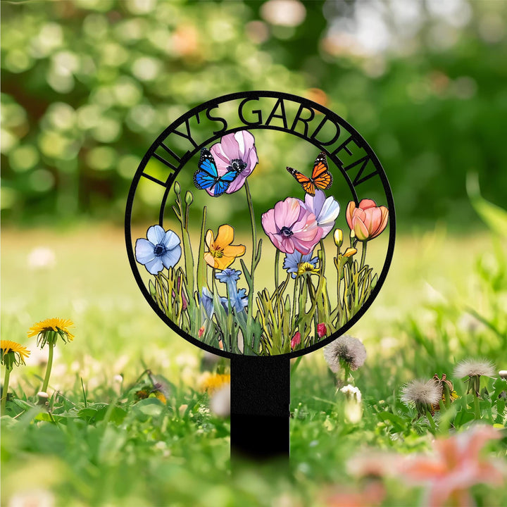 Personalized Garden Metal Sign With Stakes, Custom Garden Name Sign, Garden Flower Sign, Metal Yard Art, Housewarming Gift, Outdoor Decor