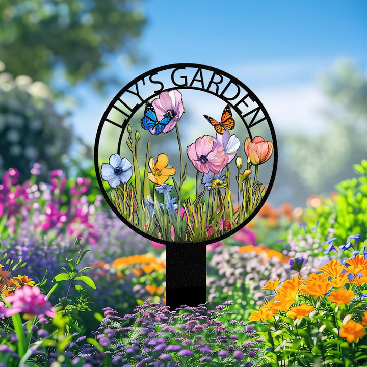 Personalized Garden Metal Sign With Stakes, Custom Garden Name Sign, Garden Flower Sign, Metal Yard Art, Housewarming Gift, Outdoor Decor