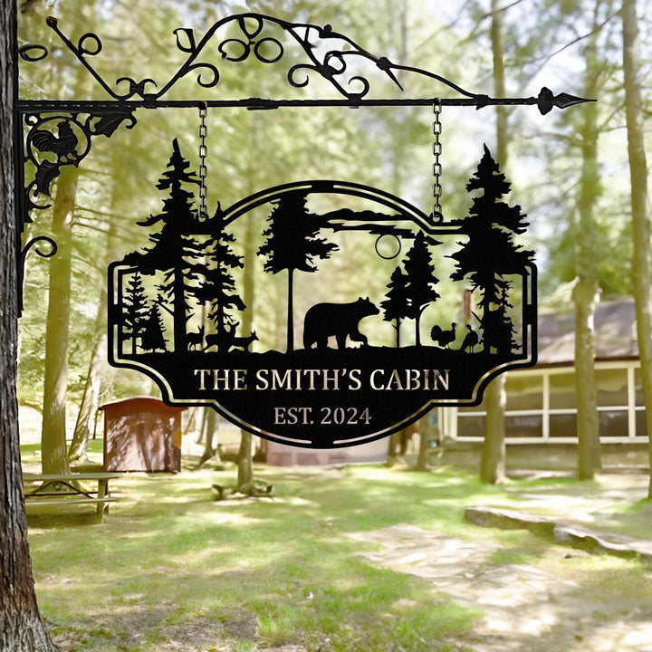 Custom Wilderness Bear and Dear Cabin Sign, Mountain Decor Personalized Metal Bear Sign, Cabin Decor, Outdoor Decor, Rustic Cabin Bear Sign