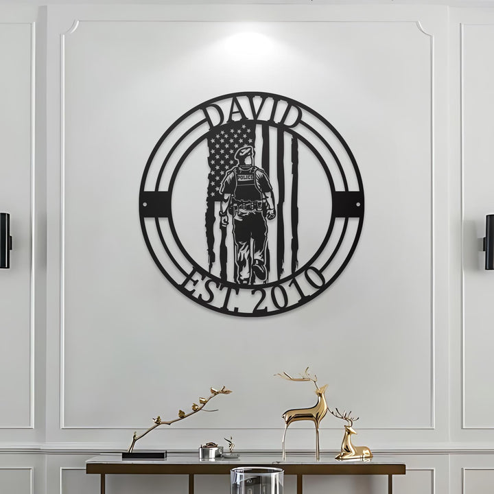 Police Circle Monogram, Gift for Sheriff, Deputy, Trooper, Officer, Marshal, Personalized Steel Metal Sign, Custom Name Police Xmas Gift