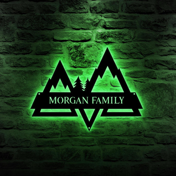 Custom Mountains Split Metal Sign with Led Lights, Outdoor Cabin Decor, Personalized Mountain Metal Wall Art, Xmas Cabin Monogram Sign