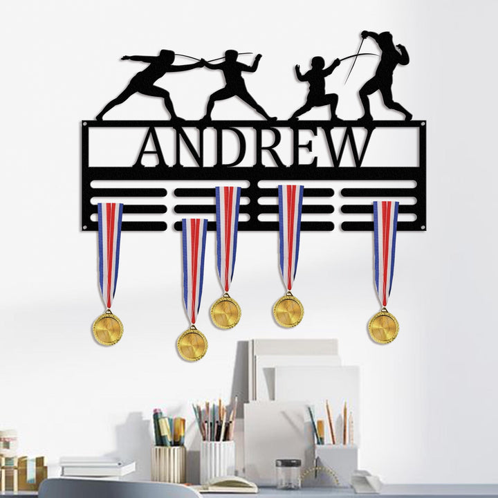 Custom Fencing Medal Holder LED Light, Personalized Fencing Player Name Medal Hanger, Sport Display Awards Sign, Fencer Metal Wall Art Decor