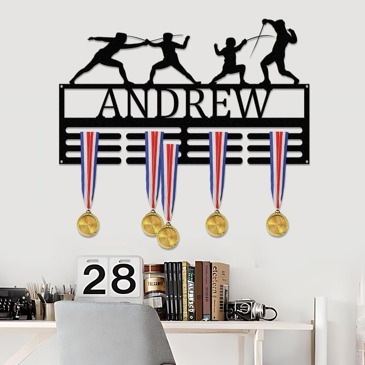 Custom Fencing Medal Holder LED Light, Personalized Fencing Player Name Medal Hanger, Sport Display Awards Sign, Fencer Metal Wall Art Decor