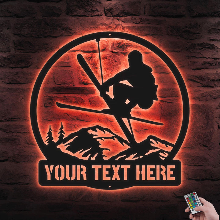 Custom Snow Skiing Winter Sport Metal Wall Art LED Lights Personalized Skier Name Sign Home Decor Sport Lover Xmas Birthday Gift