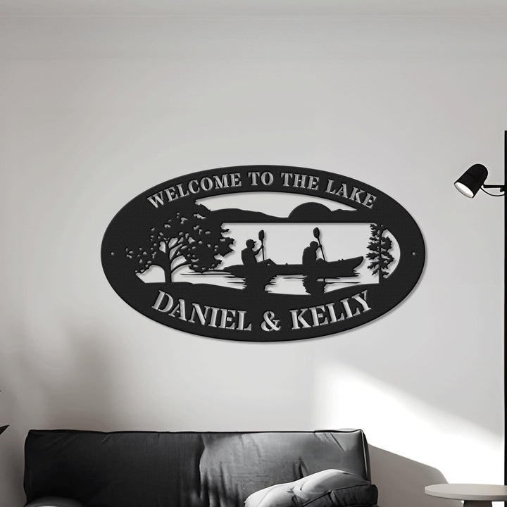 Custom Serene Lake Sign of Couple in Canoe - Metal Wall Art with LED Lights, Personalized Lake House Decor, Outdoor, Xmas Birthday Gift