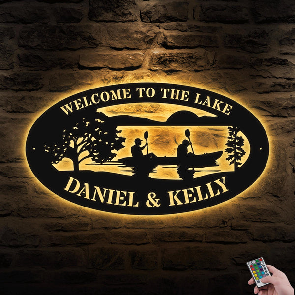 Custom Serene Lake Sign of Couple in Canoe - Metal Wall Art with LED Lights, Personalized Lake House Decor, Outdoor, Xmas Birthday Gift