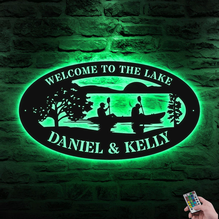 Custom Serene Lake Sign of Couple in Canoe - Metal Wall Art with LED Lights, Personalized Lake House Decor, Outdoor, Xmas Birthday Gift
