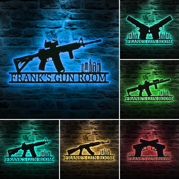 Personalized Gun Metal Sign LED Lights, Armory Decor, Gun Owner Gift, 2nd Amendment, Army Gift, Veteran Gift, M4, AR-15 Gun Metal Wall Decor