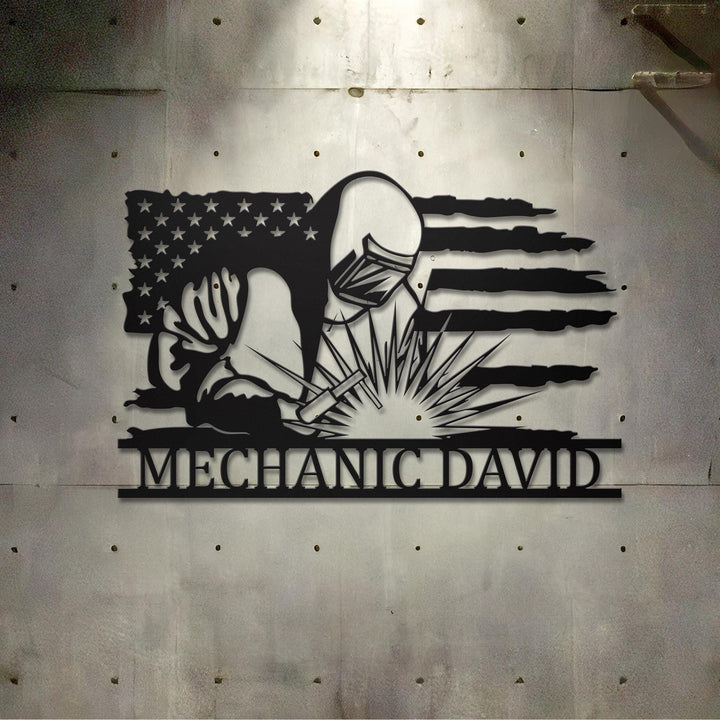 Custom Welder US Flag Metal Sign with Led Light, Xmas Birthday Gift for Welder Dad, Father's Day, Ironworker Sign, Welding Wall Art Decor