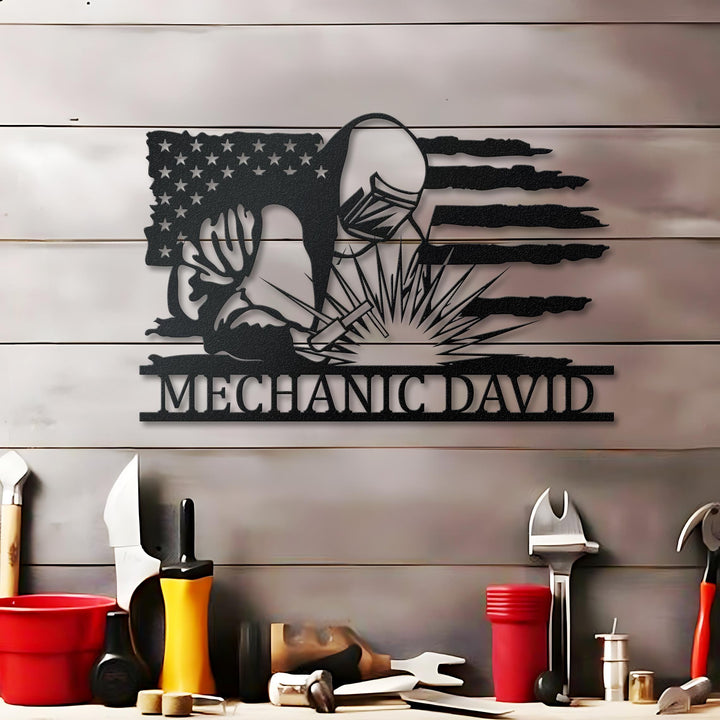 Custom Welder US Flag Metal Sign with Led Light, Xmas Birthday Gift for Welder Dad, Father's Day, Ironworker Sign, Welding Wall Art Decor