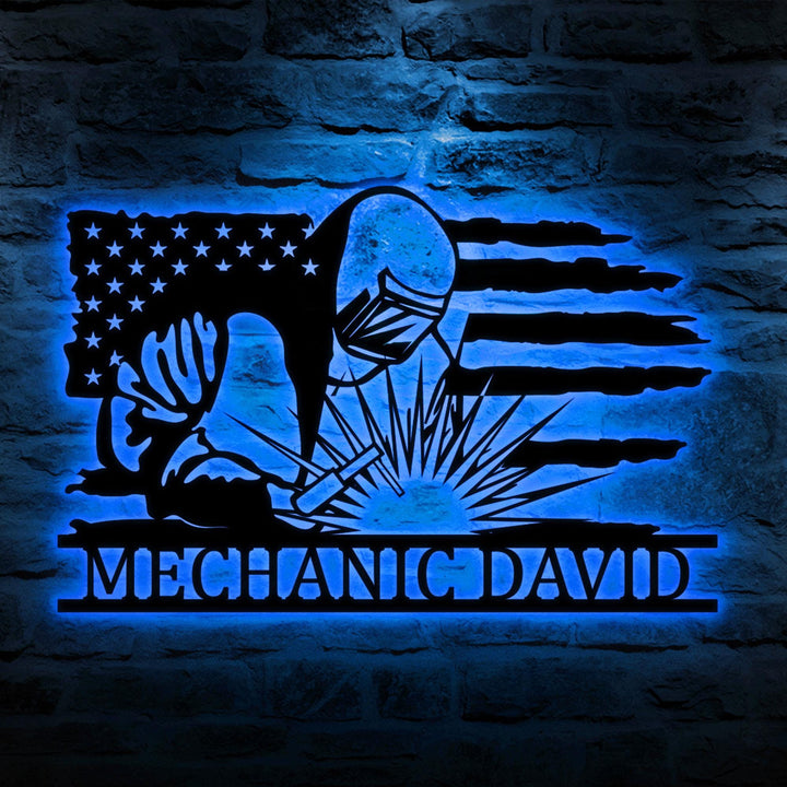 Custom Welder US Flag Metal Sign with Led Light, Xmas Birthday Gift for Welder Dad, Father's Day, Ironworker Sign, Welding Wall Art Decor