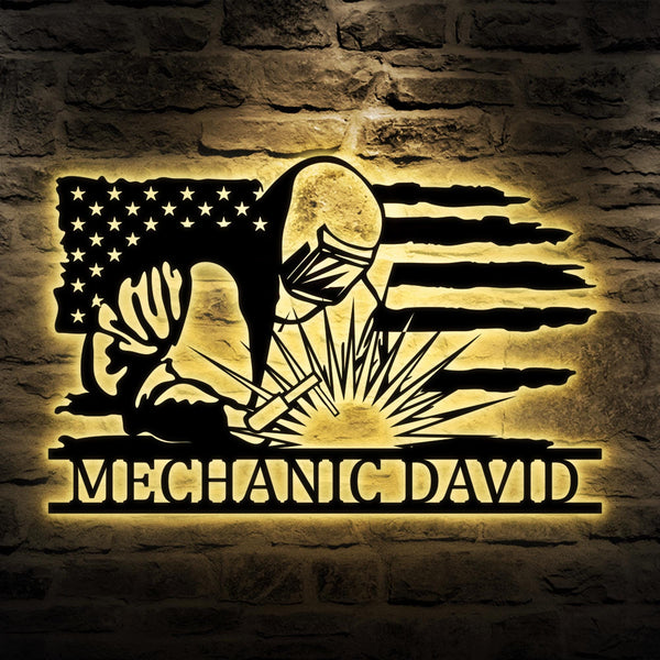 Custom Welder US Flag Metal Sign with Led Light, Xmas Birthday Gift for Welder Dad, Father's Day, Ironworker Sign, Welding Wall Art Decor