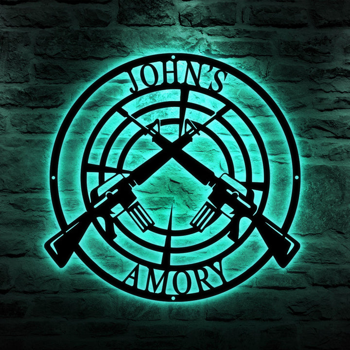 Custom Gun Metal Sign LED Light, Gun Metal Wall Art, Personalized Armory Sign, Armory Decor, Military, 2nd Amendment, Veteran Gift
