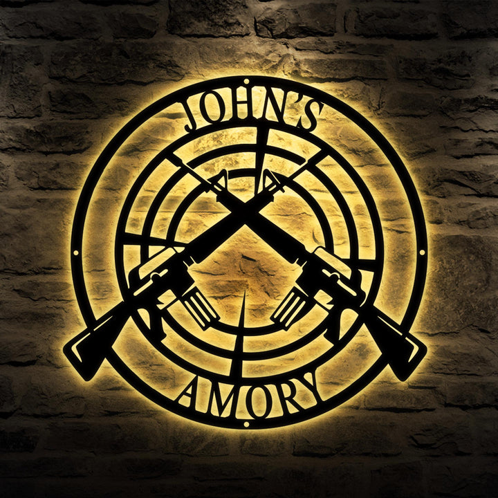Custom Gun Metal Sign LED Light, Gun Metal Wall Art, Personalized Armory Sign, Armory Decor, Military, 2nd Amendment, Veteran Gift
