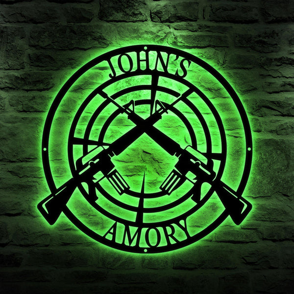 Custom Gun Metal Sign LED Light, Gun Metal Wall Art, Personalized Armory Sign, Armory Decor, Military, 2nd Amendment, Veteran Gift
