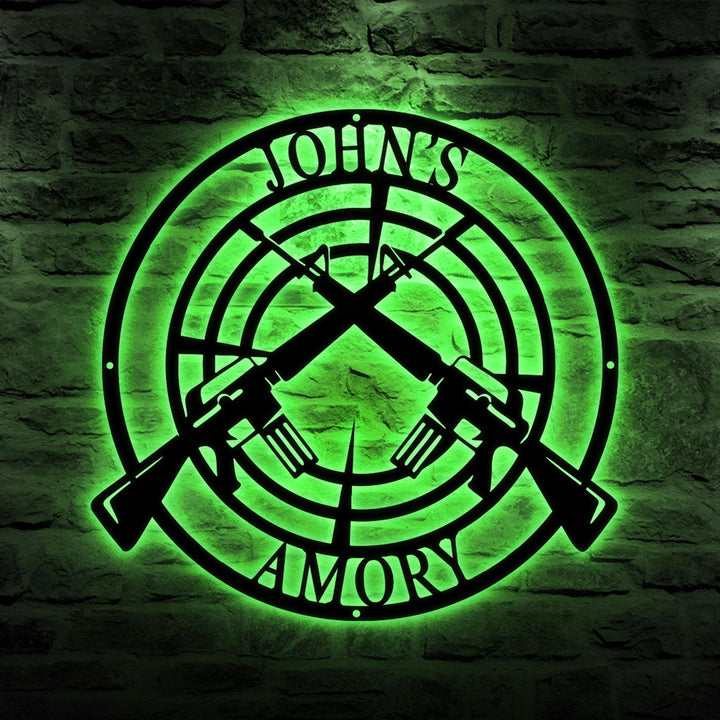 Custom Gun Metal Sign LED Light, Gun Metal Wall Art, Personalized Armory Sign, Armory Decor, Military, 2nd Amendment, Veteran Gift