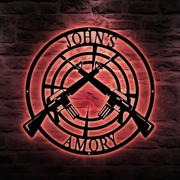 Custom Gun Metal Sign LED Light, Gun Metal Wall Art, Personalized Armory Sign, Armory Decor, Military, 2nd Amendment, Veteran Gift