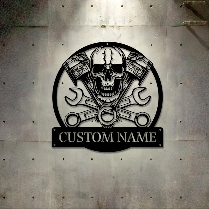 Custom Mechanic Skull Metal Wall Art With LED Light, Personalized Mechanic Name Sign Room Decor Garage Sign, Gift For Motorcycler, Workshop