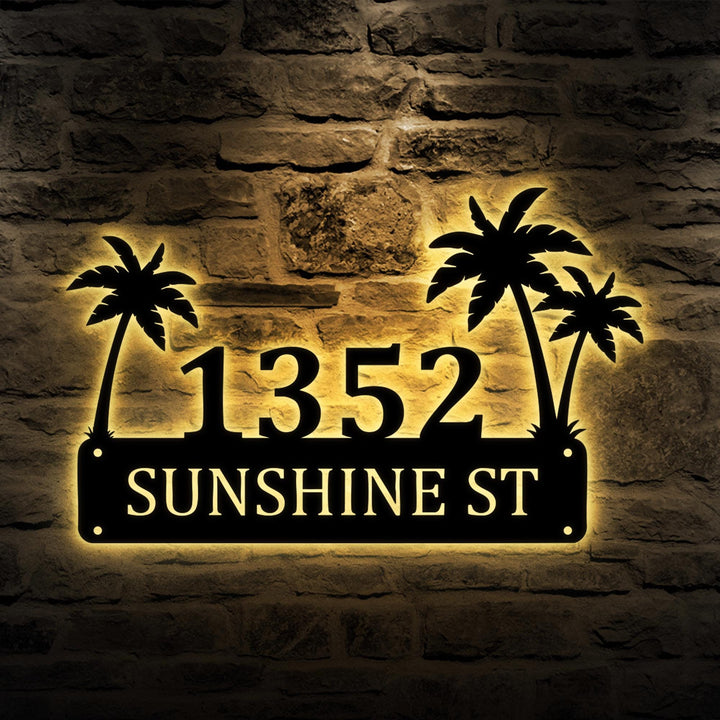 Personalized Palm Trees Metal House Number Sign With Led, Custom Address Sign, Modern House Number, Beach House Address Sign, Coastal Decor