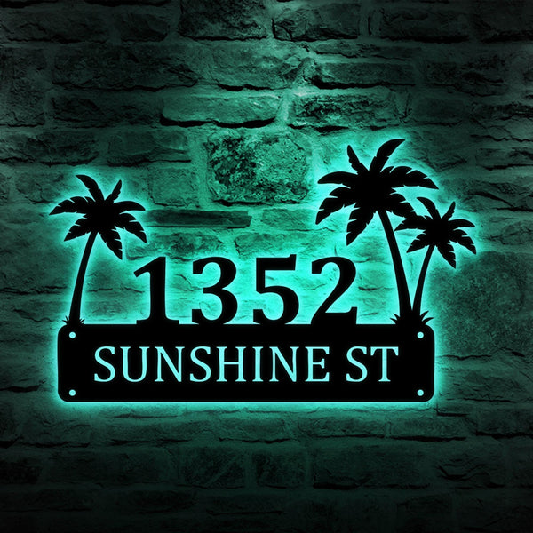 Personalized Palm Trees Metal House Number Sign With Led, Custom Address Sign, Modern House Number, Beach House Address Sign, Coastal Decor