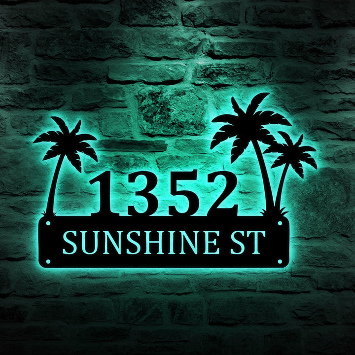 Personalized Palm Trees Metal House Number Sign With Led, Custom Address Sign, Modern House Number, Beach House Address Sign, Coastal Decor