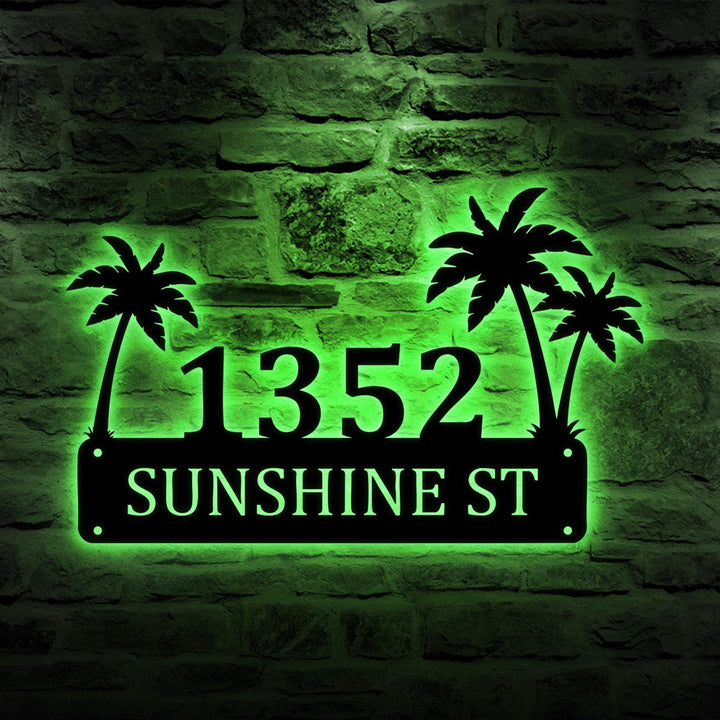 Personalized Palm Trees Metal House Number Sign With Led, Custom Address Sign, Modern House Number, Beach House Address Sign, Coastal Decor