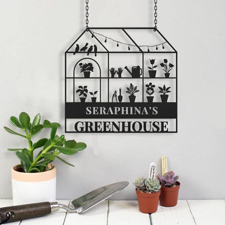 Custom Metal Greenhouse Sign, Personalized Hanging Garden Sign, BackYard Decor, Greenhouse Name Sign, Garden trowel, Conservatory Sign Gift