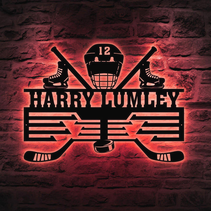 Custom Metal Hockey Medal Hanger Wall Art Led Light, Hockey Player Medal Holder, 12 Rungs for Medals & Ribbons, Medal Display Awards Sign