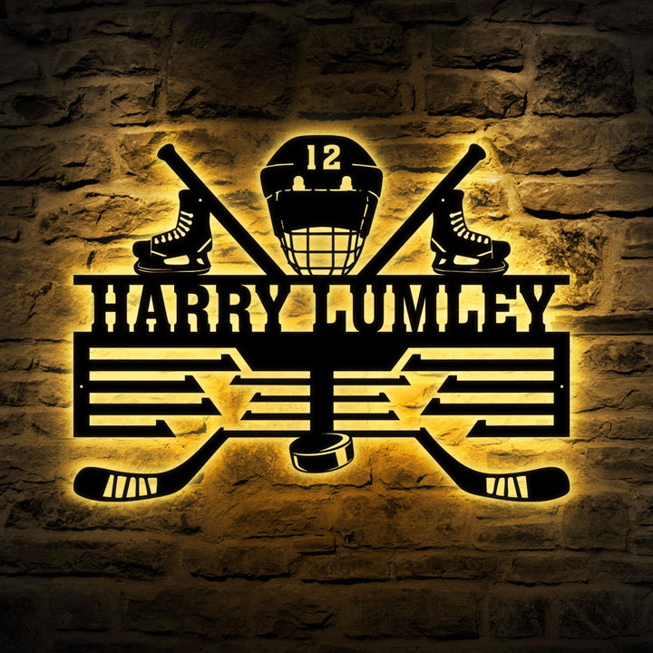Custom Metal Hockey Medal Hanger Wall Art Led Light, Hockey Player Medal Holder, 12 Rungs for Medals & Ribbons, Medal Display Awards Sign