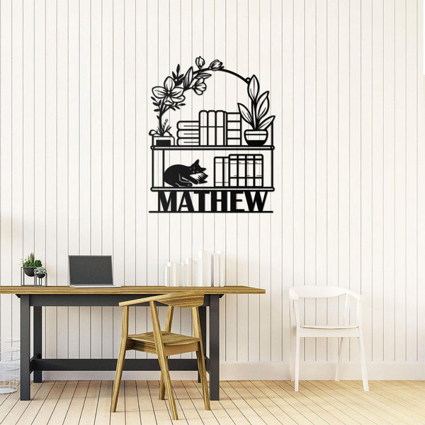 Personalized Books Lovers Cat Sign,Bookshelf Sign,Custom Library Sign,Bookworm Sign,Book Club Decor,Reading Room Sign,Books Metal Wall Art
