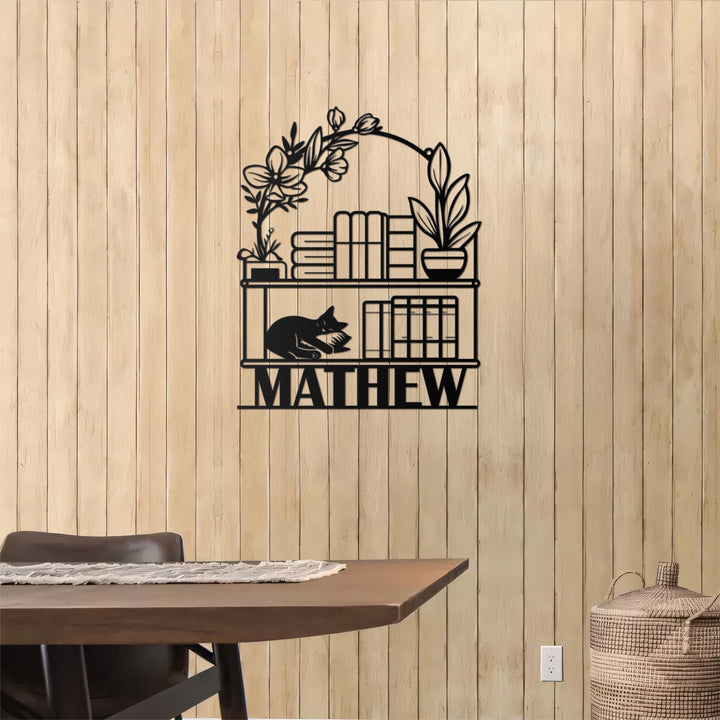 Personalized Books Lovers Cat Sign,Bookshelf Sign,Custom Library Sign,Bookworm Sign,Book Club Decor,Reading Room Sign,Books Metal Wall Art