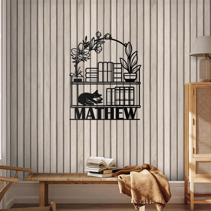 Personalized Books Lovers Cat Sign,Bookshelf Sign,Custom Library Sign,Bookworm Sign,Book Club Decor,Reading Room Sign,Books Metal Wall Art