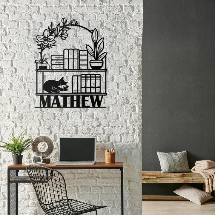 Personalized Books Lovers Cat Sign,Bookshelf Sign,Custom Library Sign,Bookworm Sign,Book Club Decor,Reading Room Sign,Books Metal Wall Art