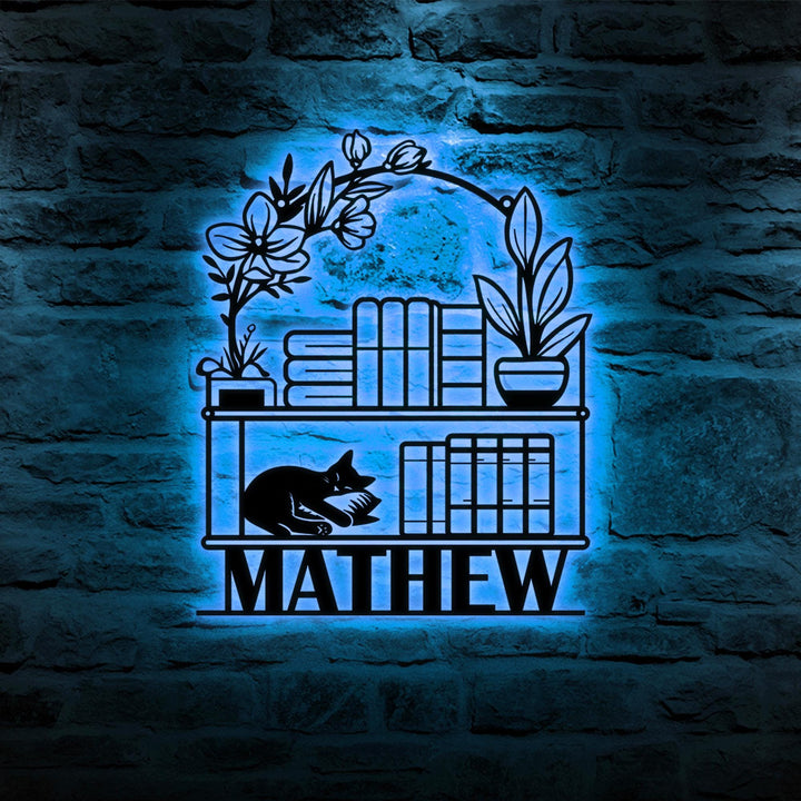 Personalized Books Lovers Cat Sign,Bookshelf Sign,Custom Library Sign,Bookworm Sign,Book Club Decor,Reading Room Sign,Books Metal Wall Art