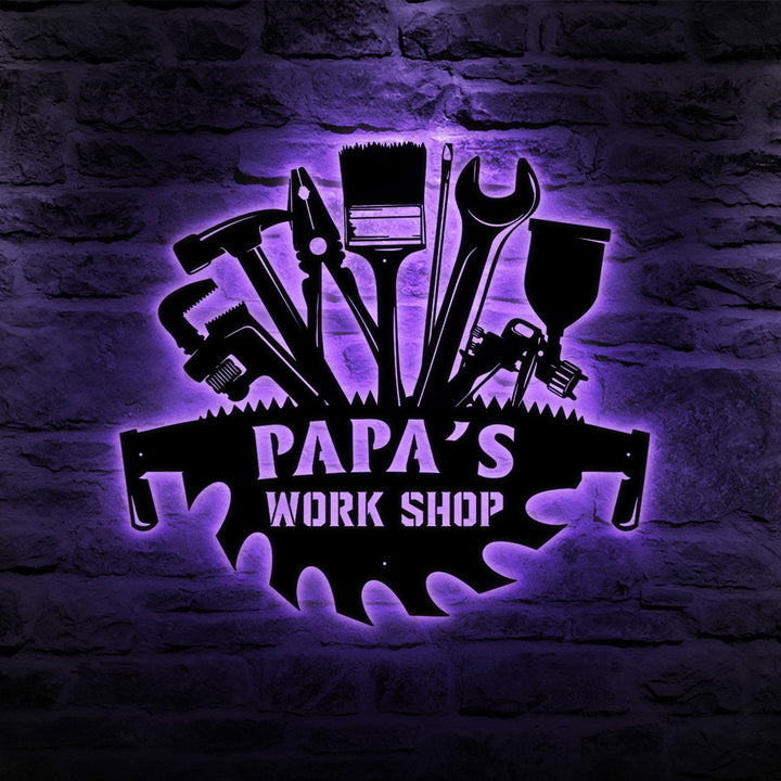 Personalized Garage Metal Wall Art LED Light - Custom Workshop Name Sign Home Decor - Ideal for Home Decor & Gift, Father's Day gifts