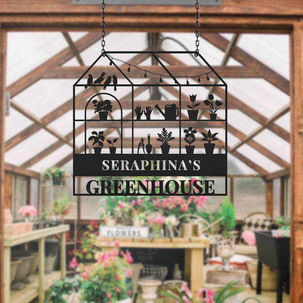 Custom Metal Greenhouse Sign, Personalized Hanging Garden Sign, BackYard Decor, Greenhouse Name Sign, Garden trowel, Conservatory Sign Gift