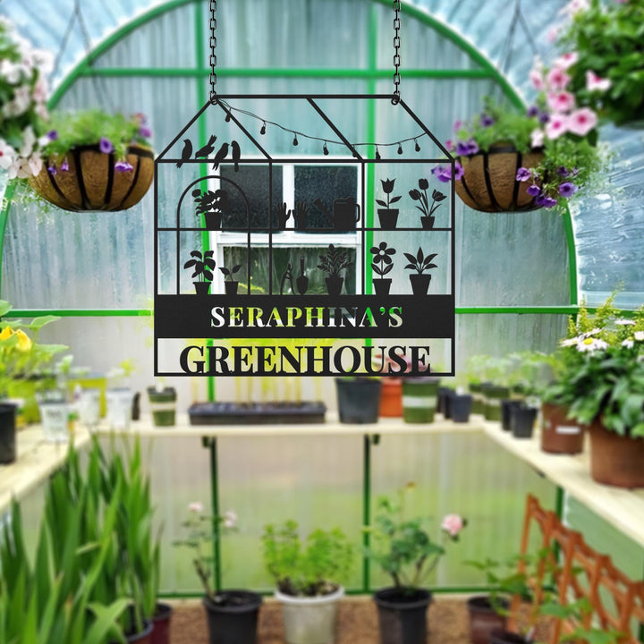 Custom Metal Greenhouse Sign, Personalized Hanging Garden Sign, BackYard Decor, Greenhouse Name Sign, Garden trowel, Conservatory Sign Gift