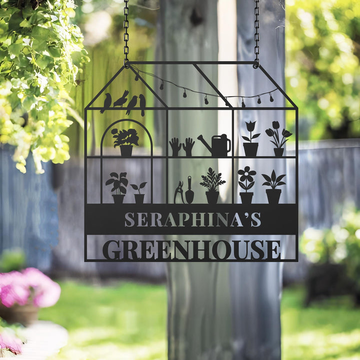 Custom Metal Greenhouse Sign, Personalized Hanging Garden Sign, BackYard Decor, Greenhouse Name Sign, Garden trowel, Conservatory Sign Gift