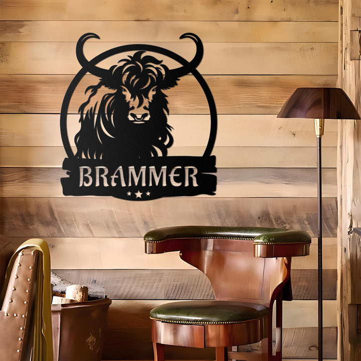 Custom Highland Cow Cuttable Metal Wall Art With Led Lights, Personalized Highland Cow Name Sign Decoration For Home, Baby Cow Metal Gifts