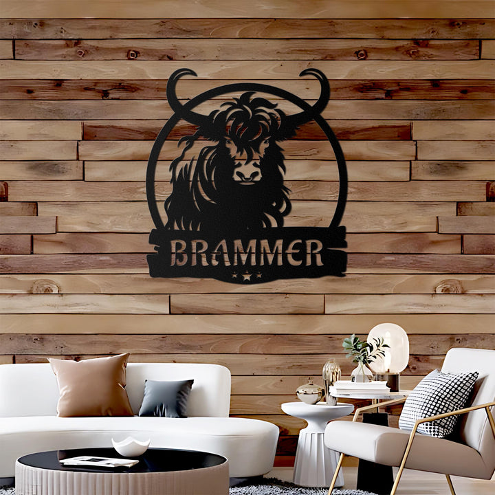 Custom Highland Cow Cuttable Metal Wall Art With Led Lights, Personalized Highland Cow Name Sign Decoration For Home, Baby Cow Metal Gifts