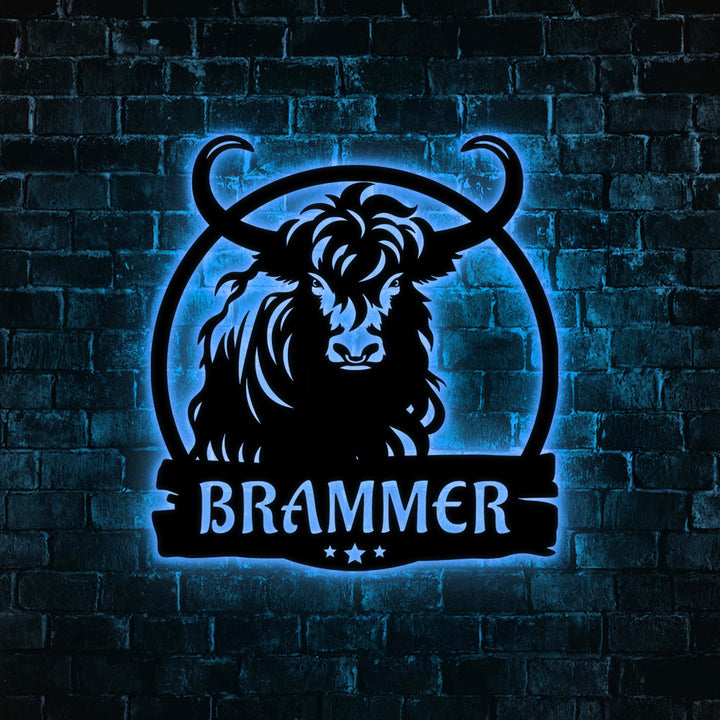 Custom Highland Cow Cuttable Metal Wall Art With Led Lights, Personalized Highland Cow Name Sign Decoration For Home, Baby Cow Metal Gifts